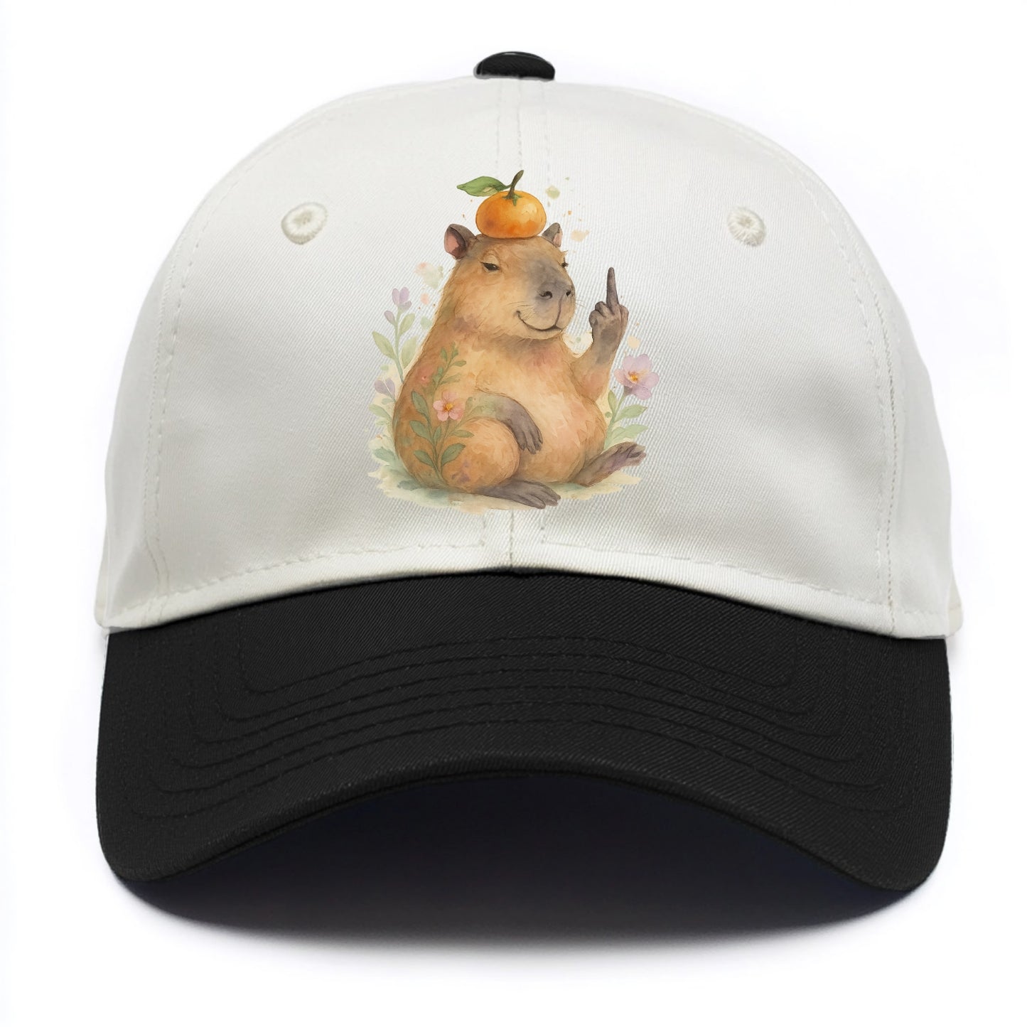 chonky capybara relaxing with orange on head, one webbed middle finger up - Two Tone Cap - Black
