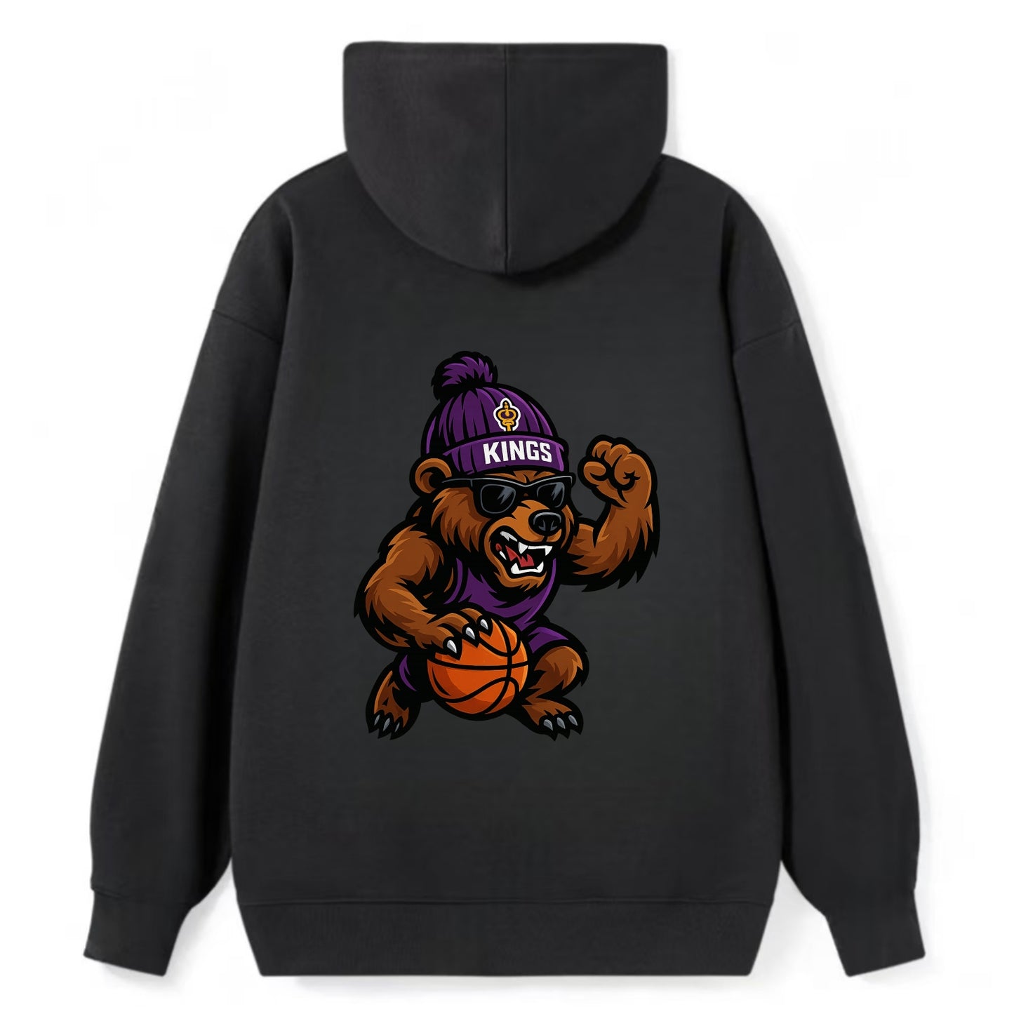 California Grizzly wearing Kings beanie with royal scepter patch and - Classic Pullover Hoodie - Black
