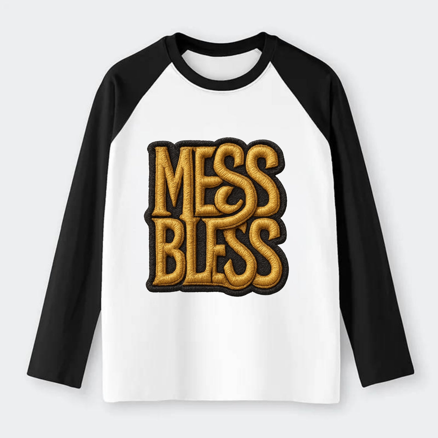 MESS;BLESS UP Gold Metallic Visor - Raglan Long Sleeve T-Shirt - Black