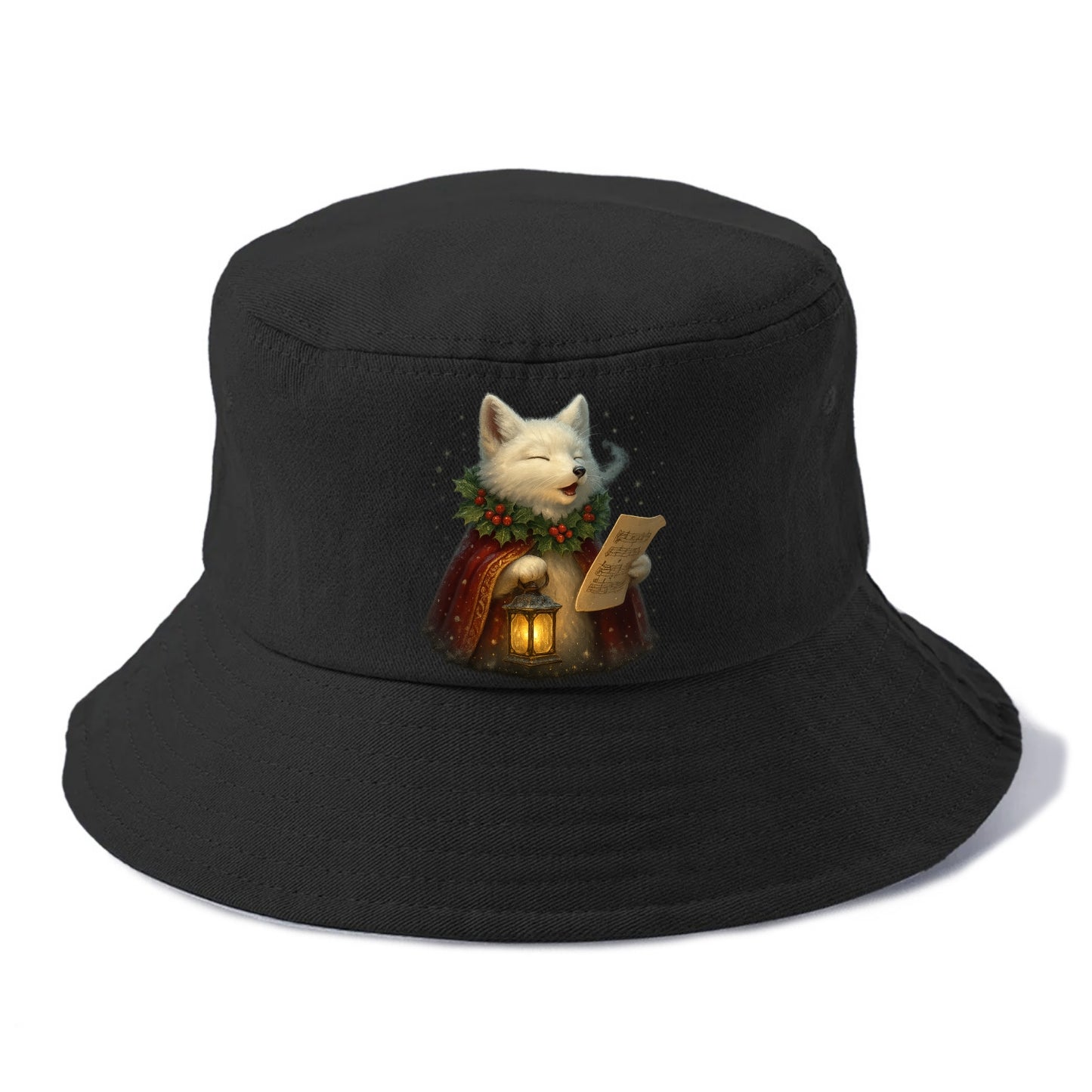 Snowbound Arctic Fox Caroler  - Bucket Hat - Black