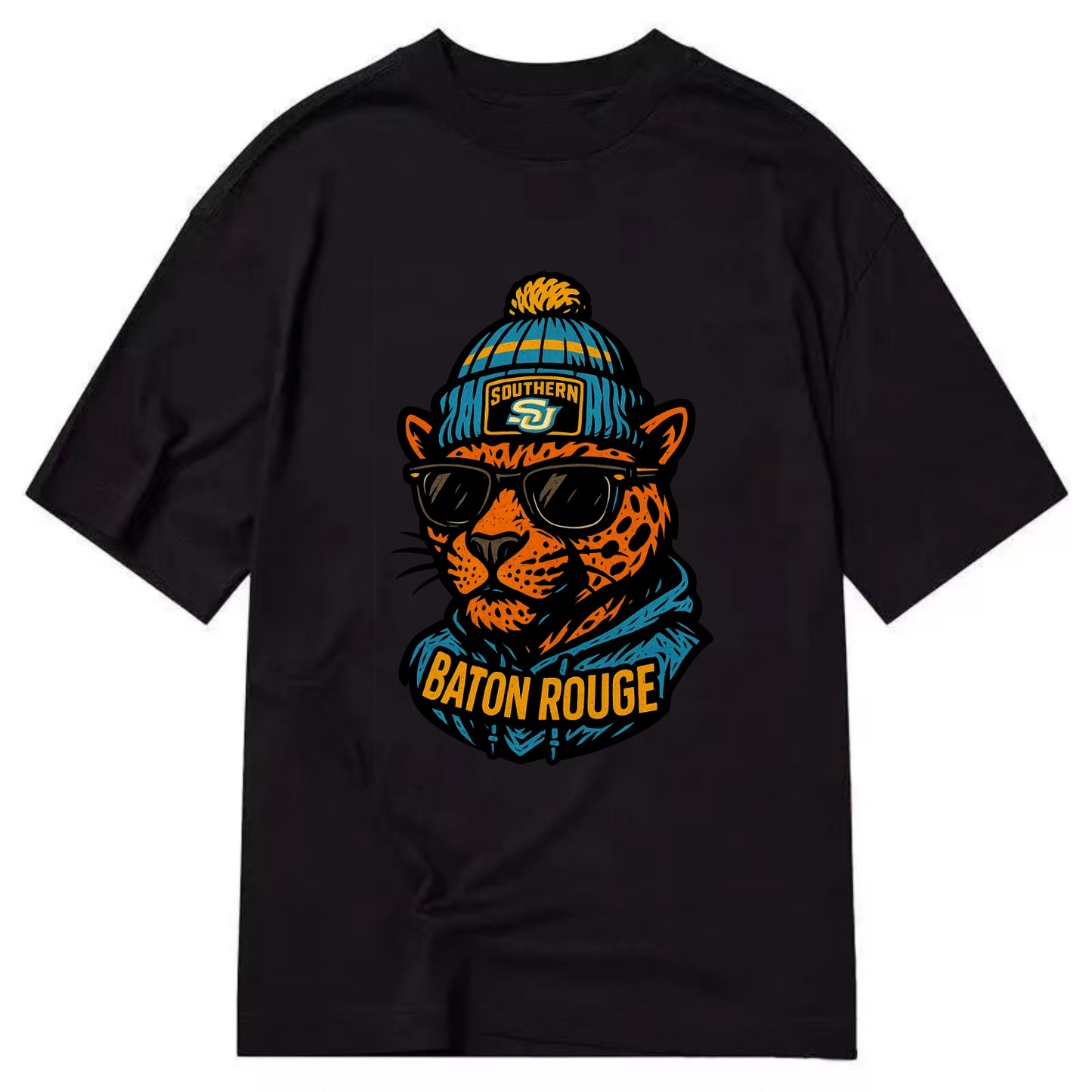 Baton Rouge Jaguar wearing Southern beanie with SU patch - Classic T-shirt - Black