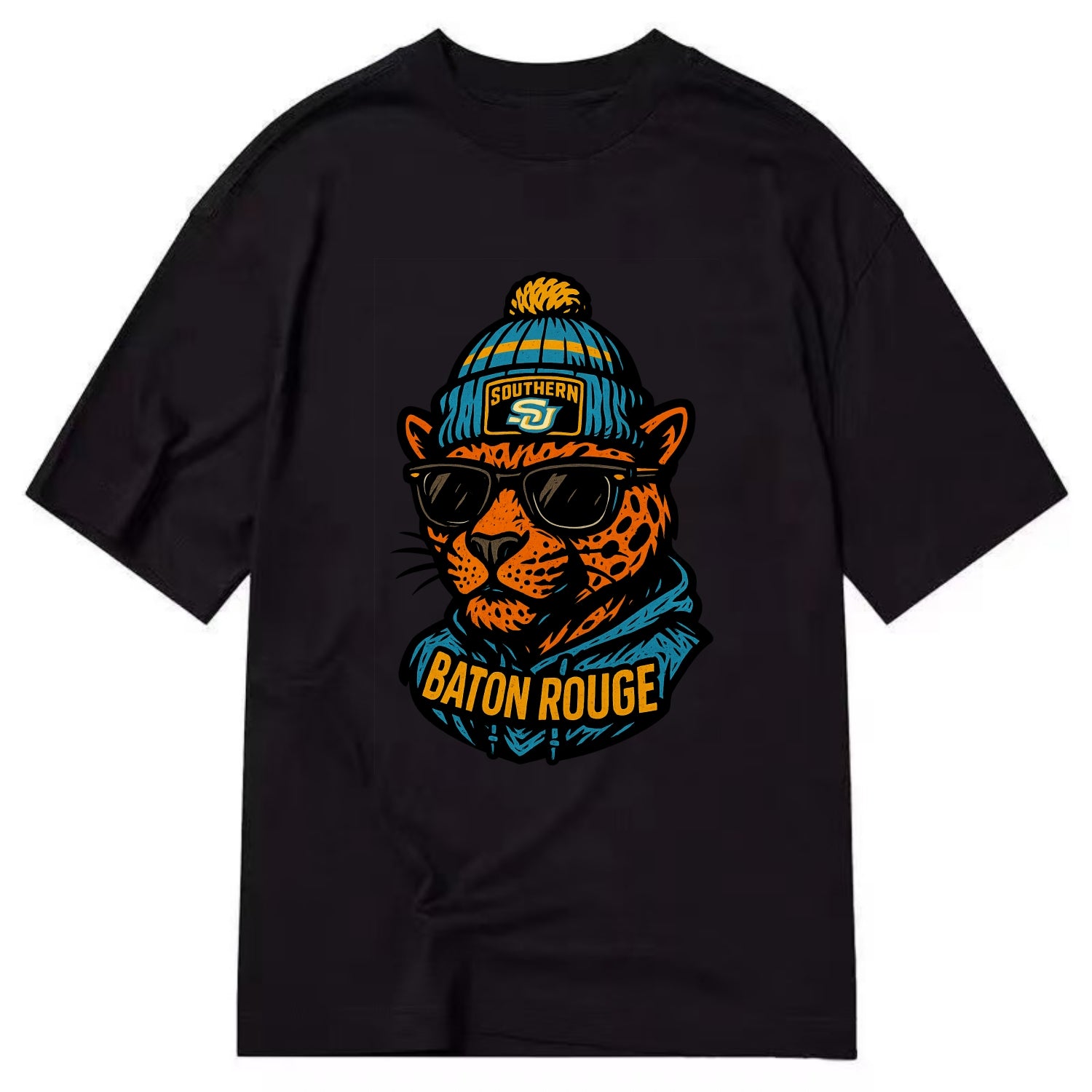 Baton Rouge Jaguar wearing Southern beanie with SU patch - Classic T-shirt - Black