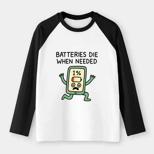 BATTERIES DIE WHEN NEEDED | Phone at 1% panicking - Raglan Long Sleeve T-Shirt - Black
