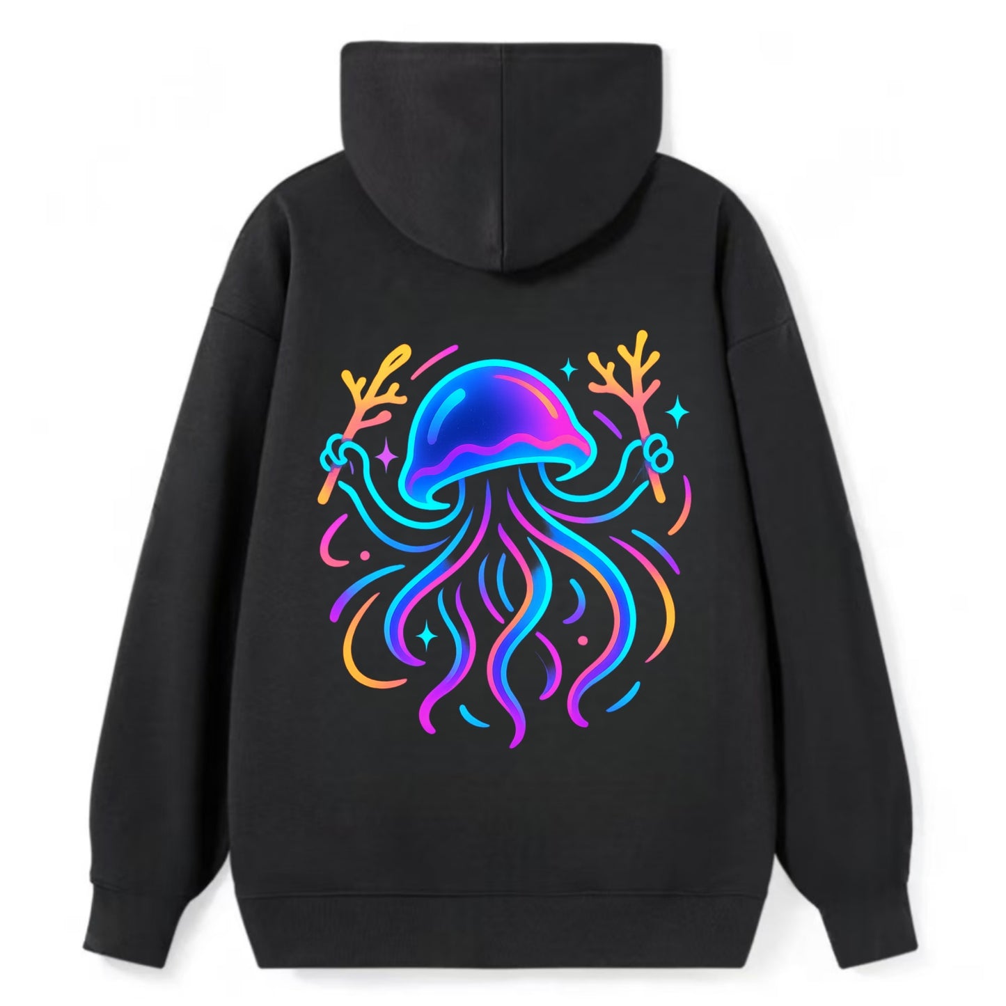 Jellyfish conducting a glow orchestra using coral batons in deep ocean - Classic Pullover Hoodie - Black
