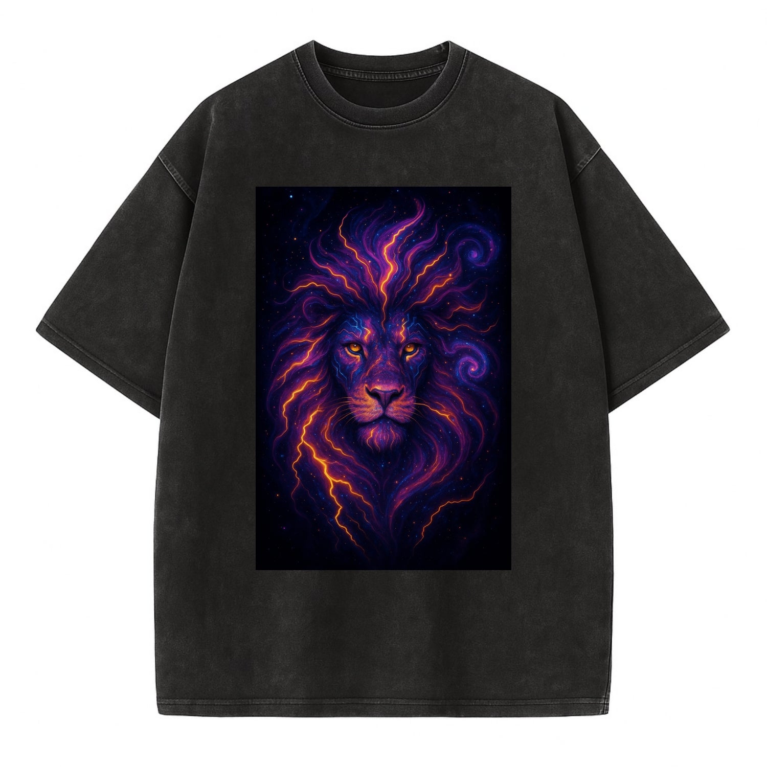 Regal lion with mane made of electric currents, neon yellow and hot pink energy - Vintage T-shirt - Black