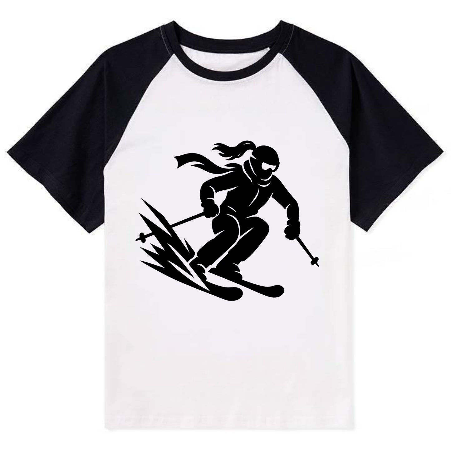 Skier carving down snowy slope - Contrast Raglan T-shirt - Black