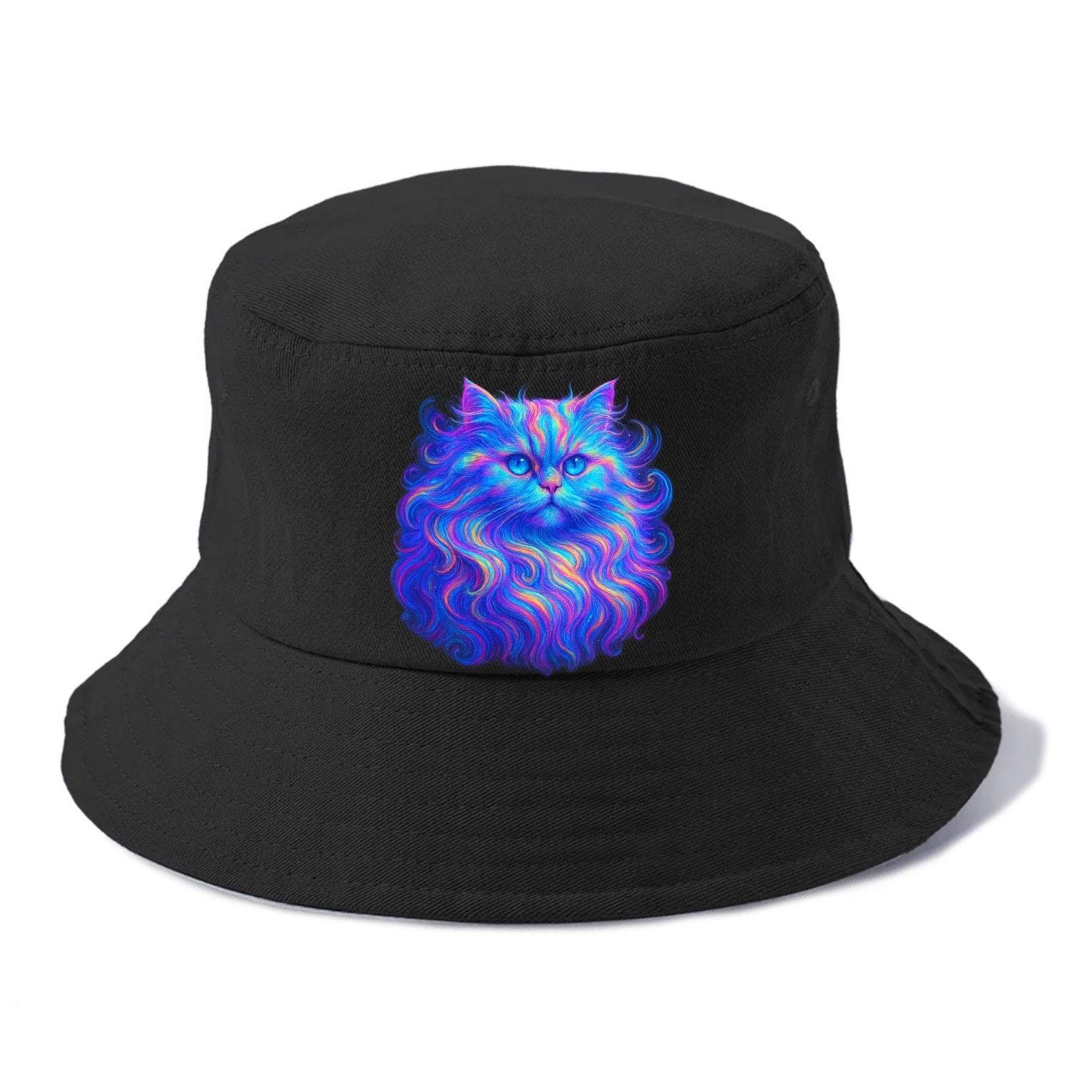 Luxurious Persian cat with flowing fur that refracts into rainbow prisms, soft pastel - Bucket Hat - Black