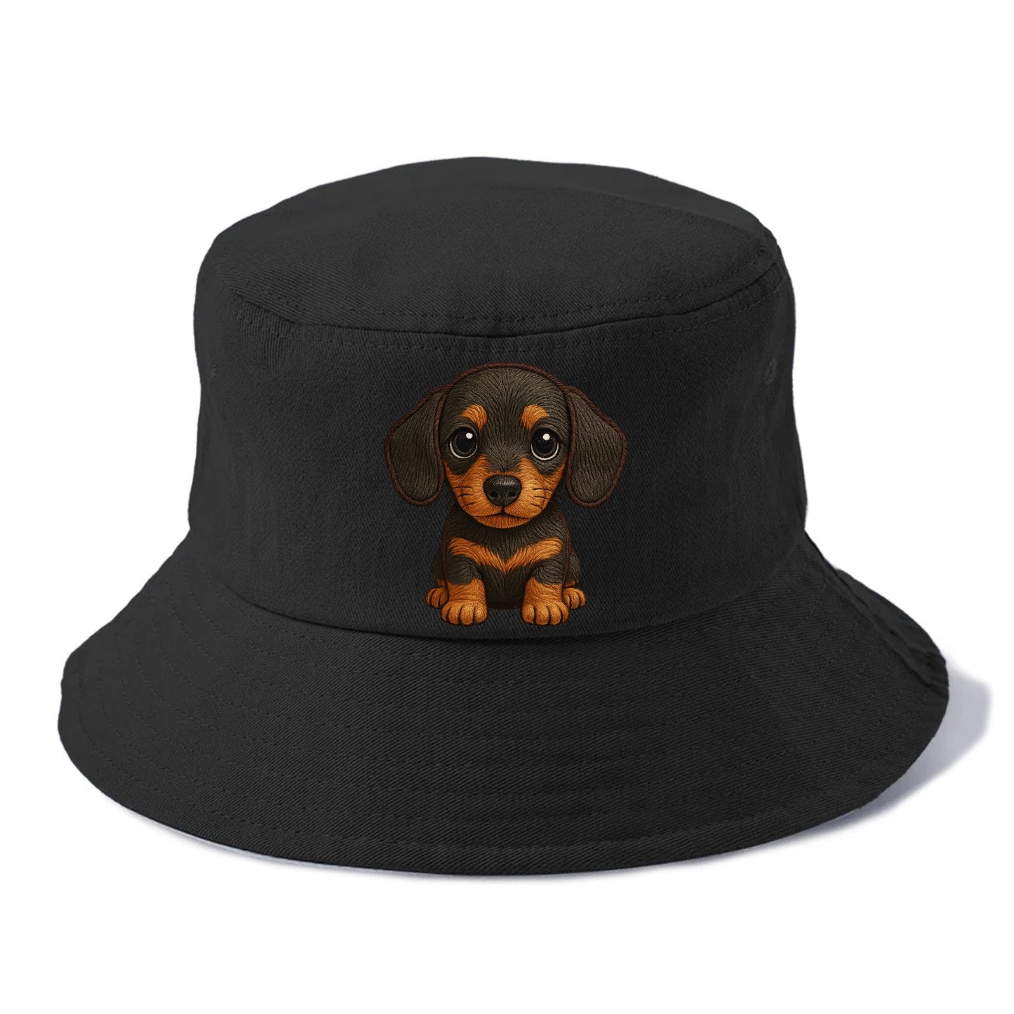 Baby Dachshund Puppy - long body, short legs, floppy ears, curious eyes, front-facing, - Bucket Hat - Black