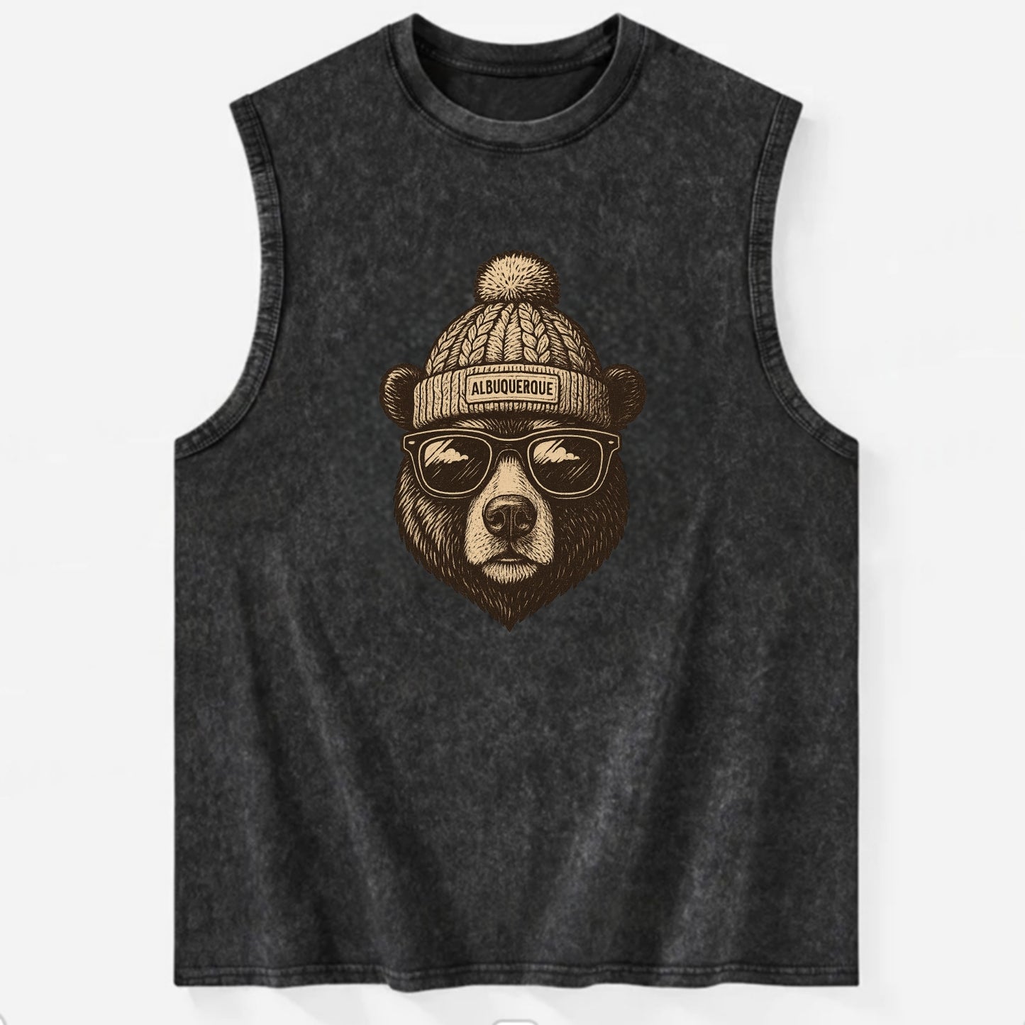 New Mexico Black Bear wearing Albuquerque beanie with pom pom and wayfarer - Vintage Washed Tank - Black
