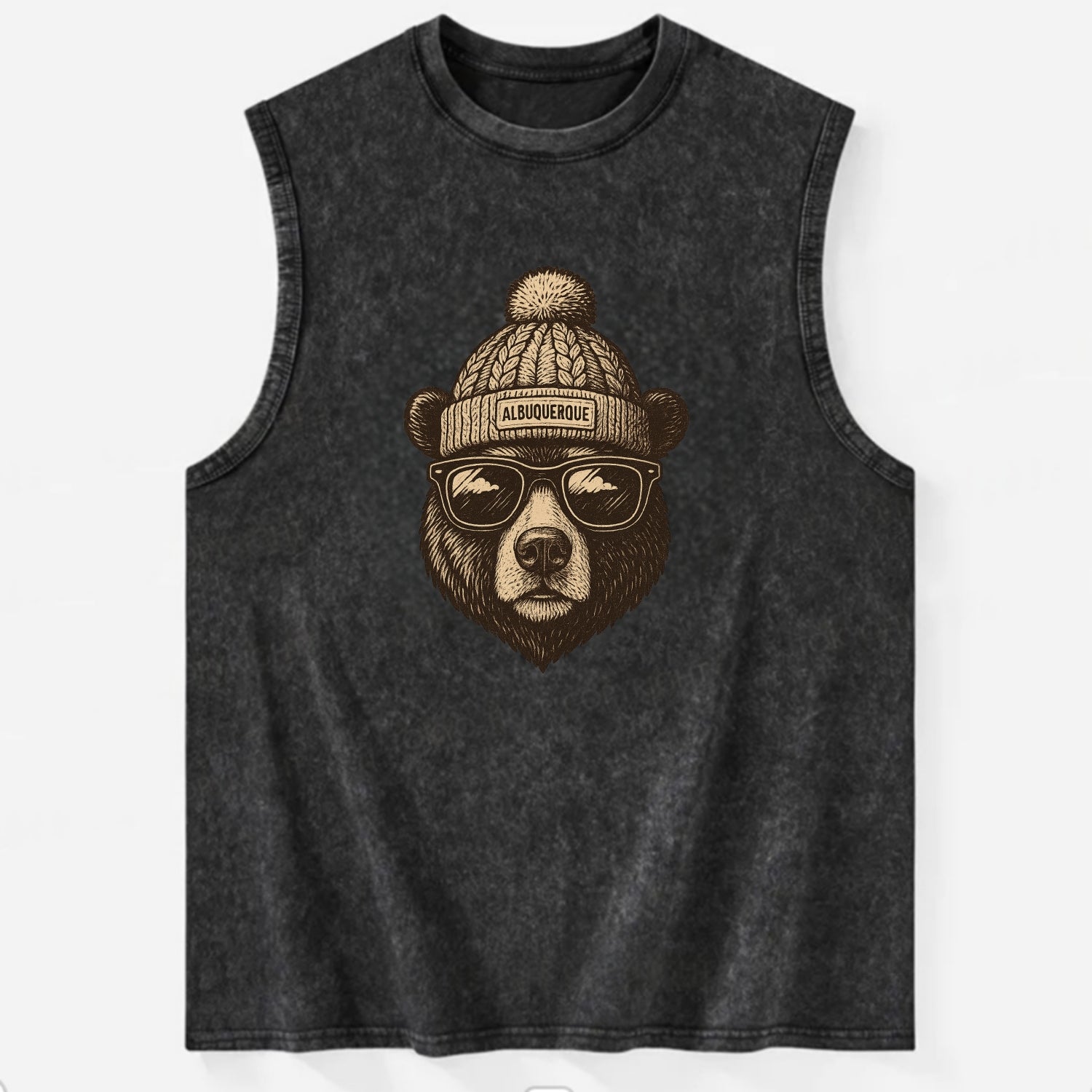 New Mexico Black Bear wearing Albuquerque beanie with pom pom and wayfarer - Vintage Washed Tank - Black