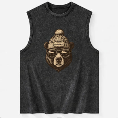 New Mexico Black Bear wearing Albuquerque beanie with pom pom and wayfarer - Vintage Washed Tank - Black