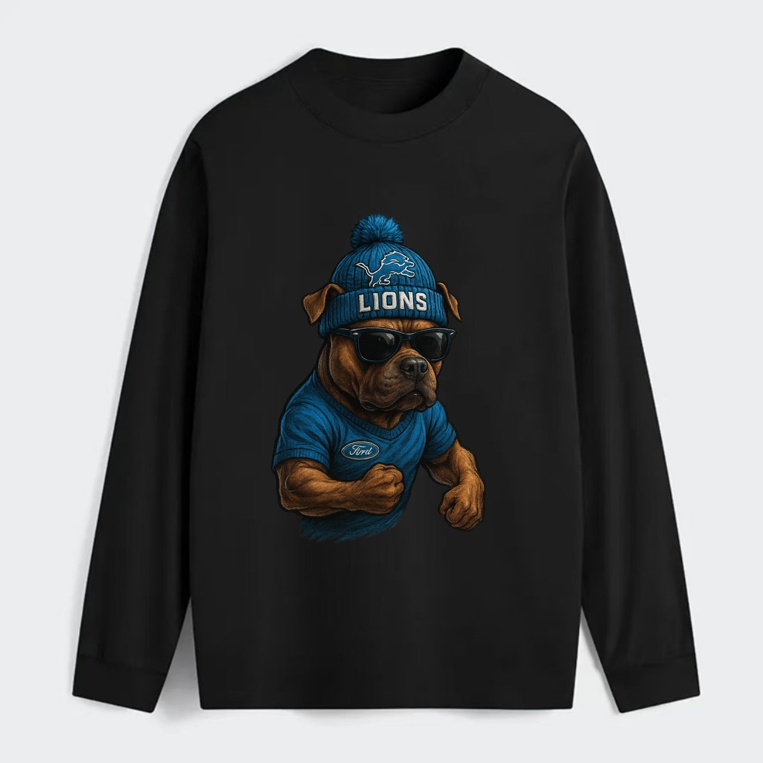 Detroit Pitbull wearing Lions beanie with auto patch and wayfarer - Classic Long Sleeve Shirt - Black