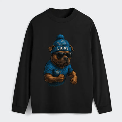 Detroit Pitbull wearing Lions beanie with auto patch and wayfarer - Classic Long Sleeve Shirt - Black