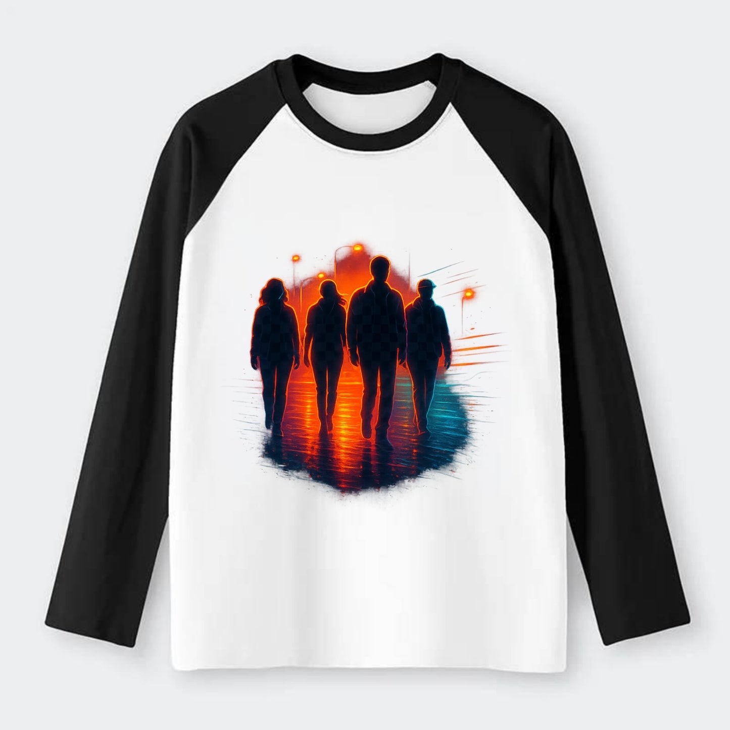 gang of silhouettes walking together at sunset by the beach - Raglan Long Sleeve T-Shirt - Black
