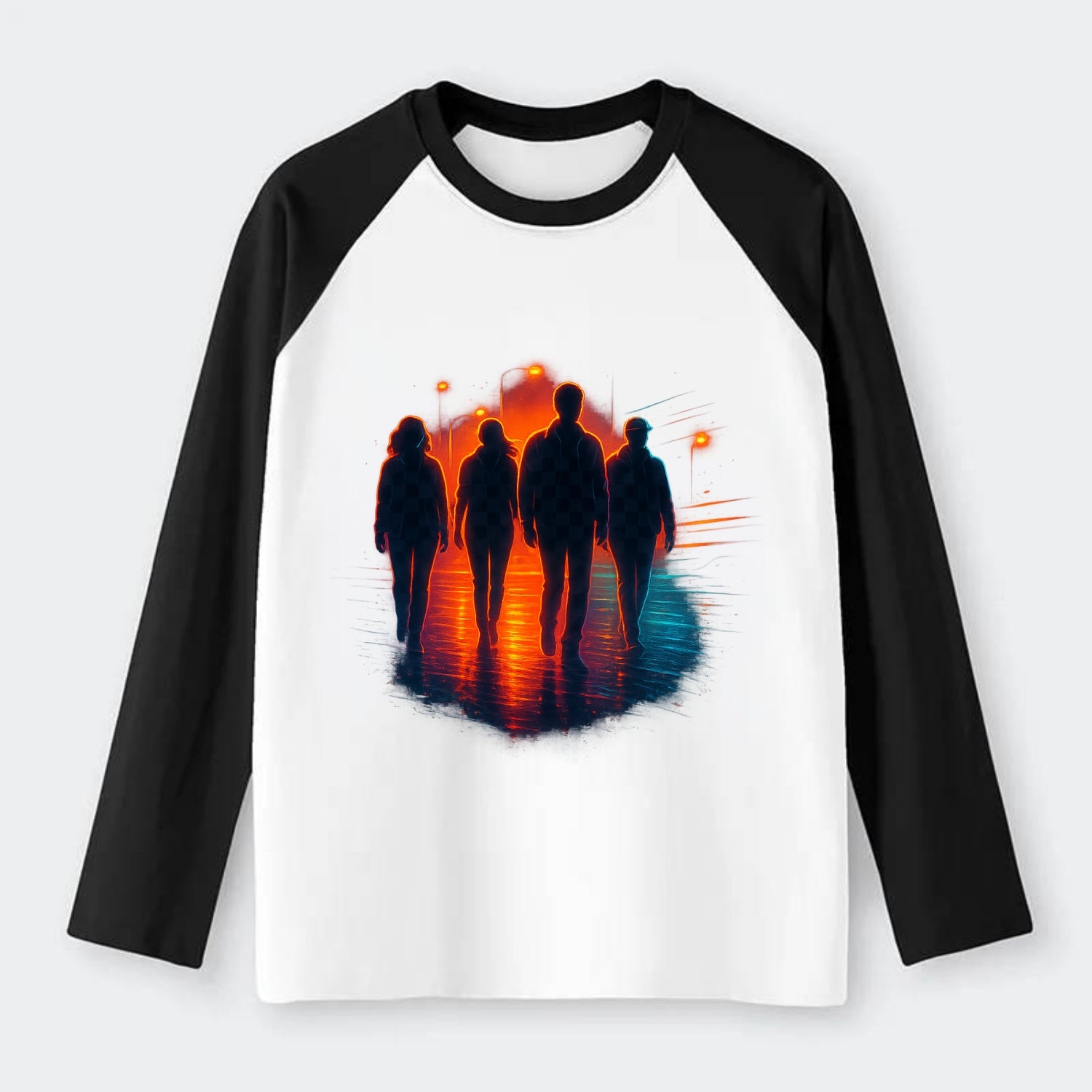 gang of silhouettes walking together at sunset by the beach - Raglan Long Sleeve T-Shirt - Black