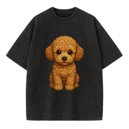 Baby Poodle Puppy - curly fluffy coat, intelligent eyes, elegant snout, - Vintage T-shirt - Black