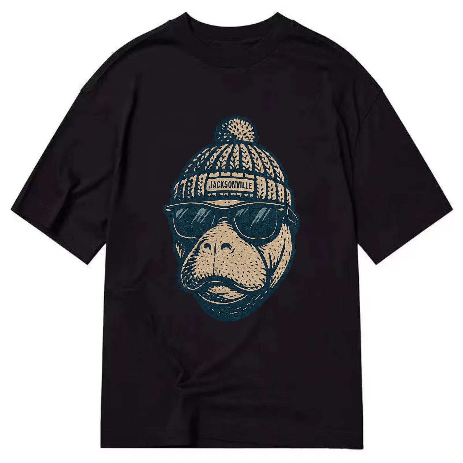 Jacksonville Manatee wearing Jacksonville beanie with pom pom and wayfarer - Classic T-shirt - Black