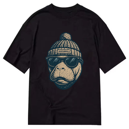 Jacksonville Manatee wearing Jacksonville beanie with pom pom and wayfarer - Classic T-shirt - Black