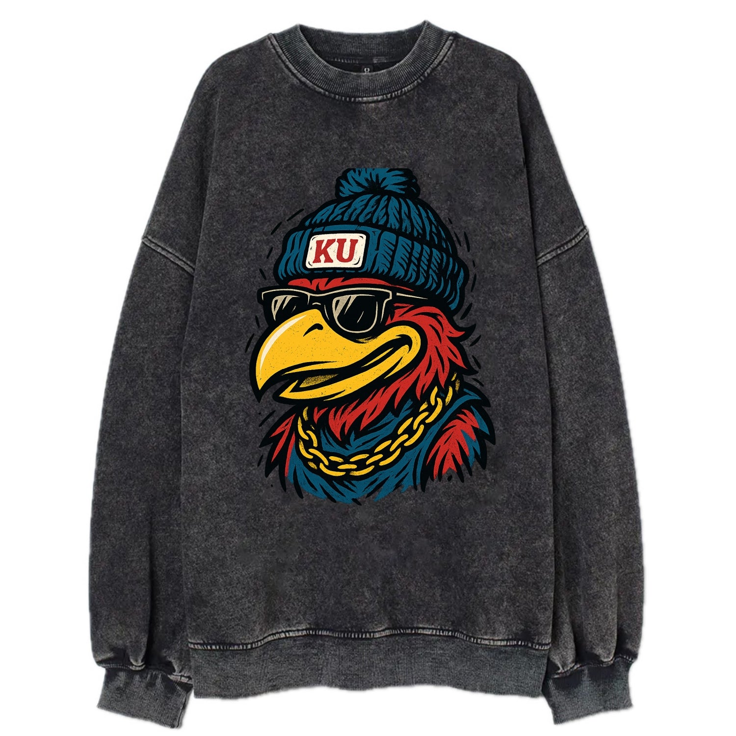 Lawrence Jayhawk wearing Kansas beanie with KU patch - Vintage Sweatshirt - Black