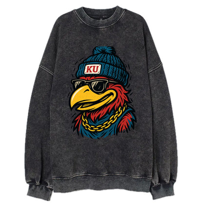 Lawrence Jayhawk wearing Kansas beanie with KU patch - Vintage Sweatshirt - Black