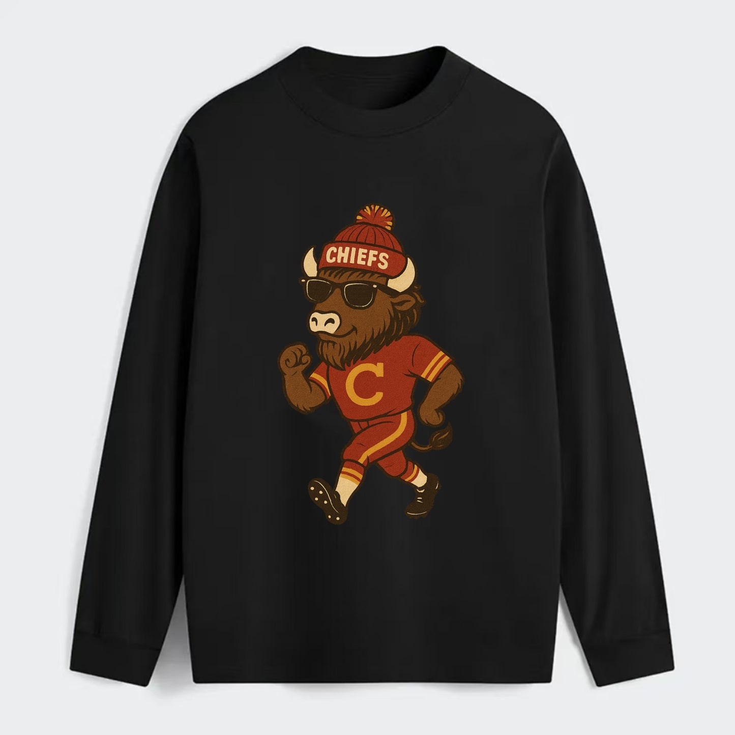 KC Bison wearing Chiefs beanie with arrowhead patch and wayfarer - Classic Long Sleeve Shirt - Black