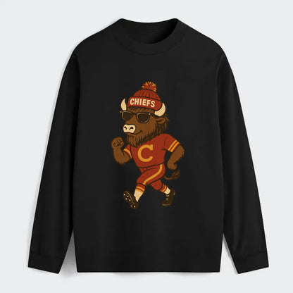 KC Bison wearing Chiefs beanie with arrowhead patch and wayfarer - Classic Long Sleeve Shirt - Black