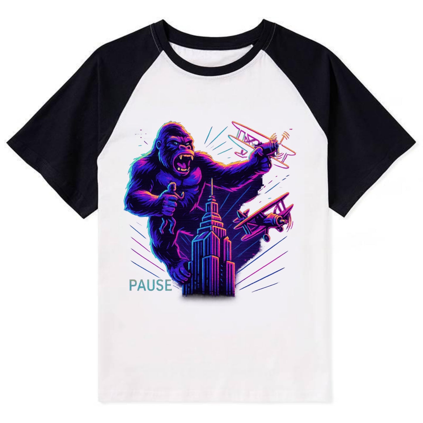 giant gorilla on top of skyscraper holding small figure, swatting planes - Contrast Raglan T-shirt - Black