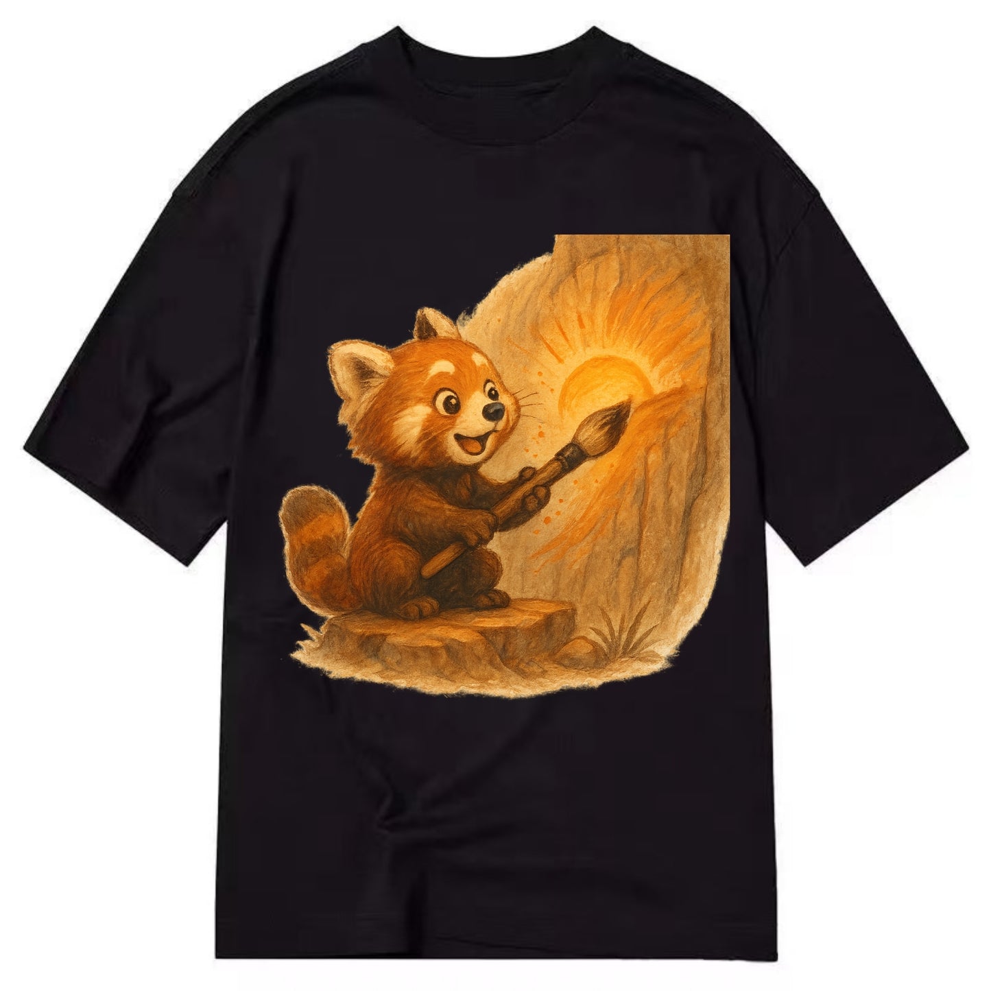 Red panda painting a sunrise mural with an oversized calligraphy brush on a cliff - Classic T-shirt - Black