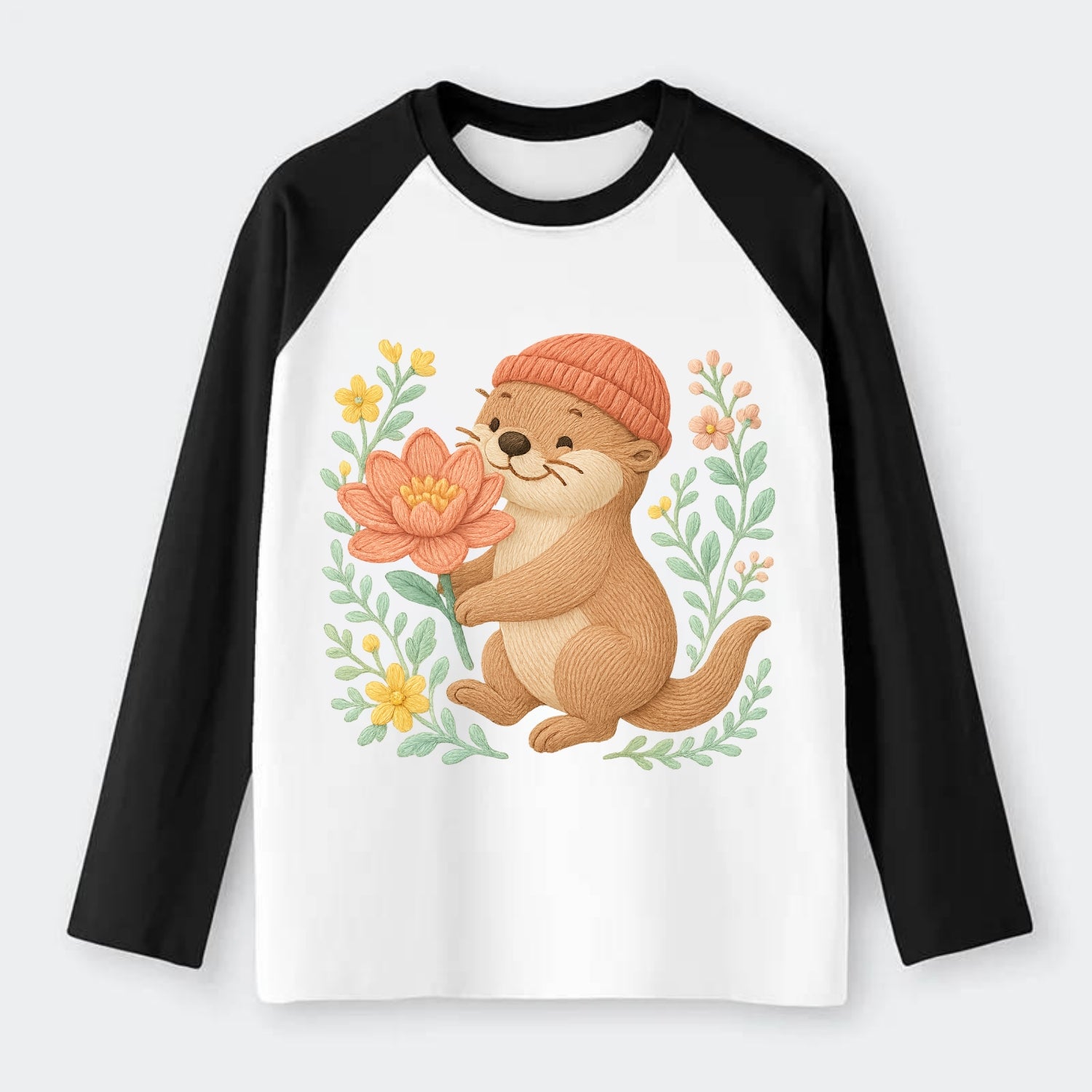 Peach Otter - Raglan Long Sleeve T-Shirt - Black