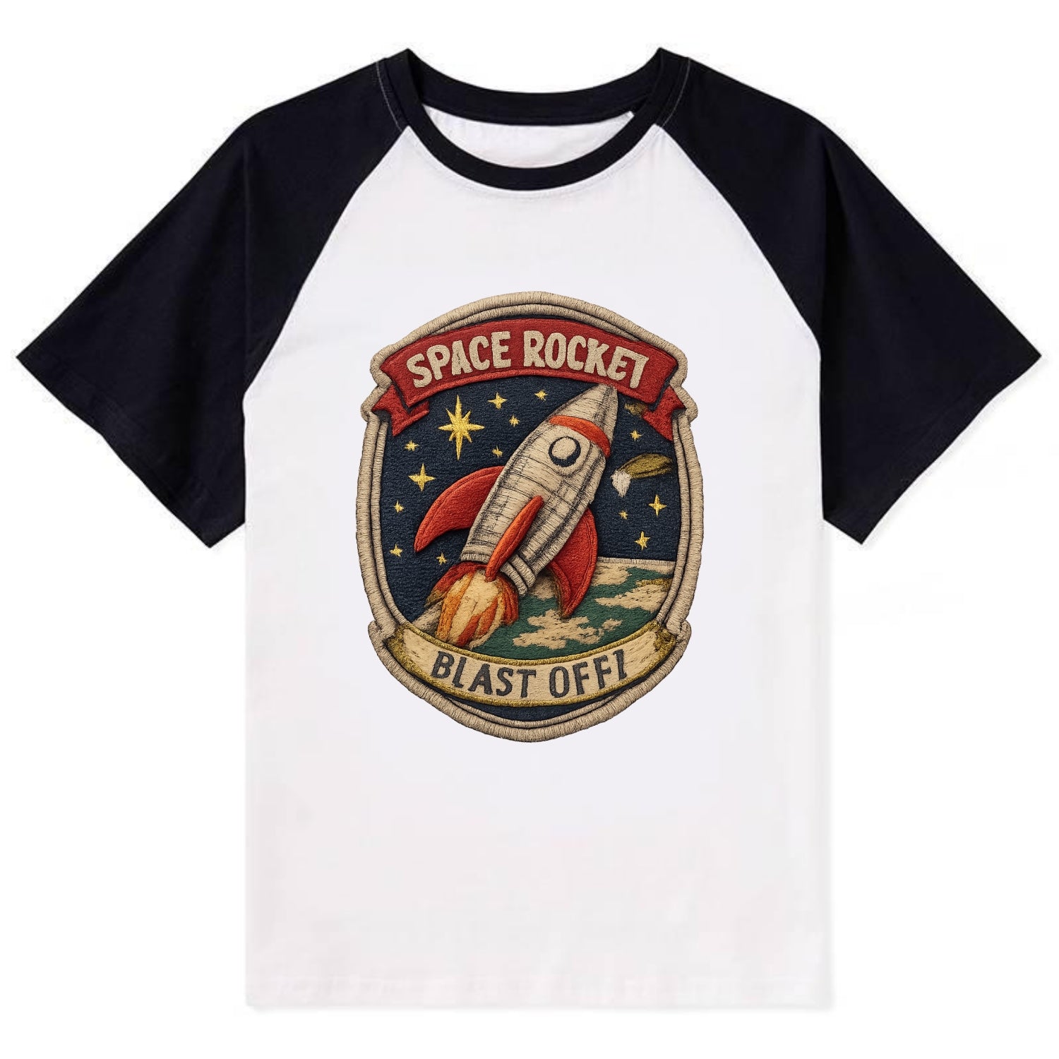 RETRO ROCKET - 1950s space rocket in silver and red , atomic age - Contrast Raglan T-shirt - Black