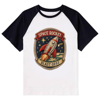 RETRO ROCKET - 1950s space rocket in silver and red , atomic age - Contrast Raglan T-shirt - Black