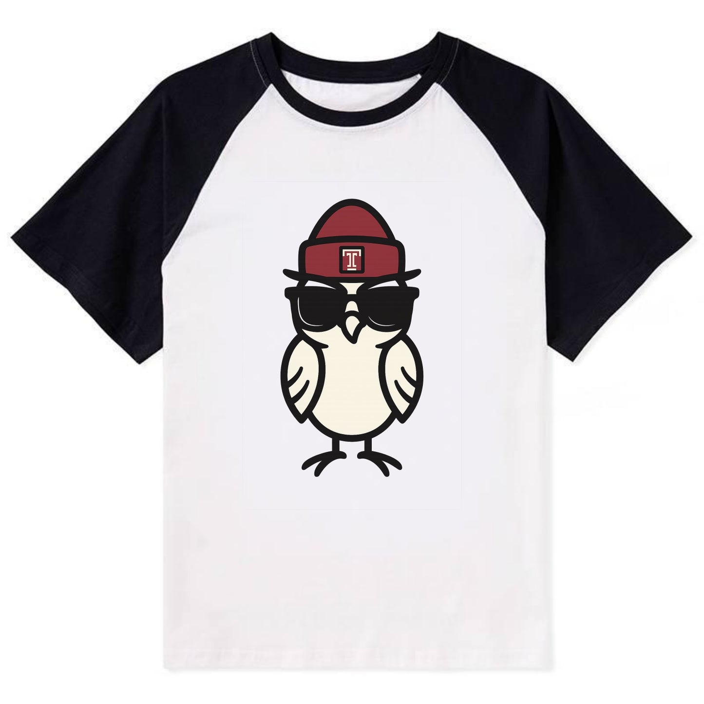 Philadelphia Owl wearing Temple beanie with T patch - Contrast Raglan T-shirt - Black