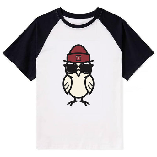 Philadelphia Owl wearing Temple beanie with T patch - Contrast Raglan T-shirt
