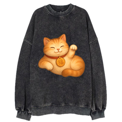 Maneki Neko Pose - Vintage Sweatshirt - Black
