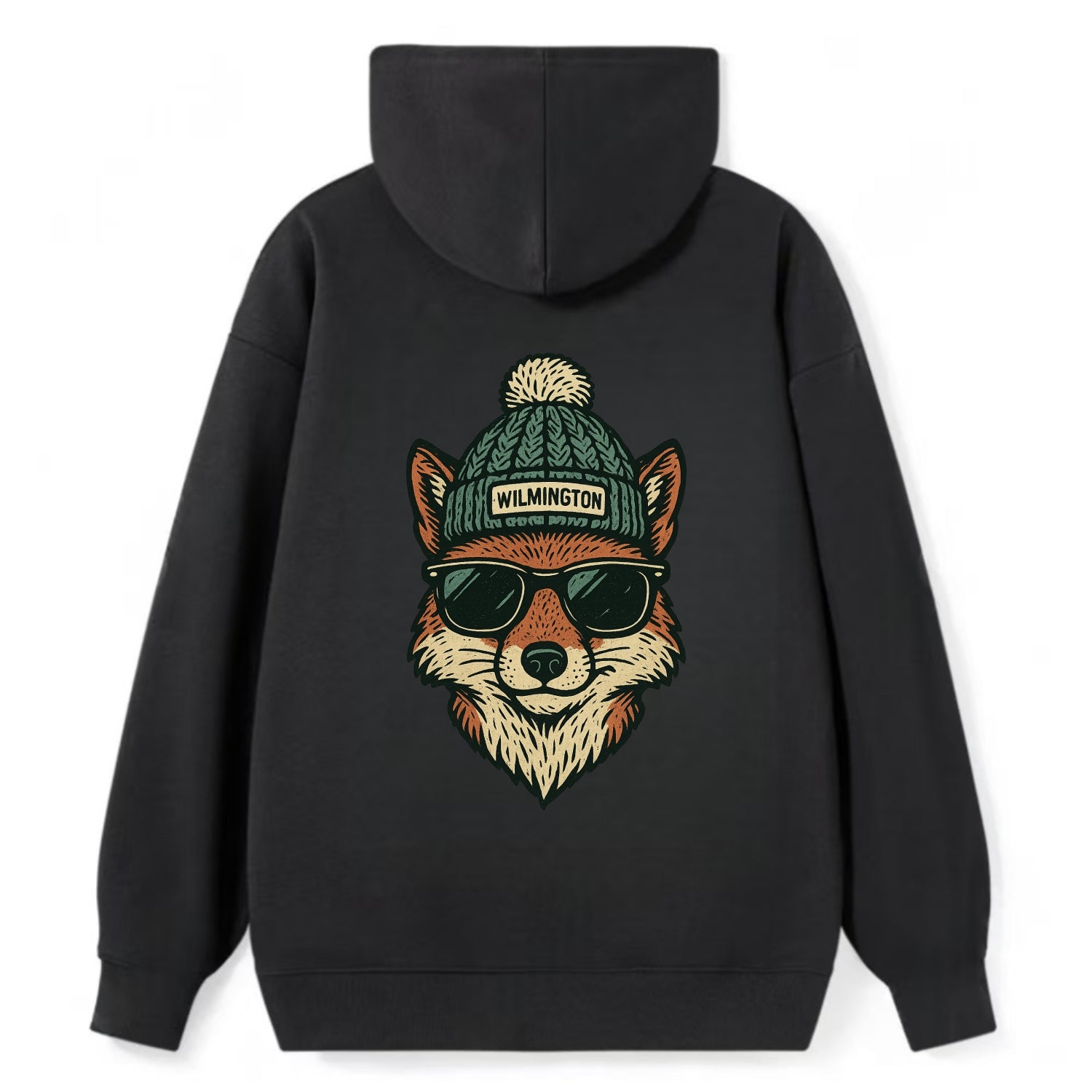 Delaware Gray Fox wearing Wilmington beanie with pom pom and wayfarer - Classic Pullover Hoodie - Black
