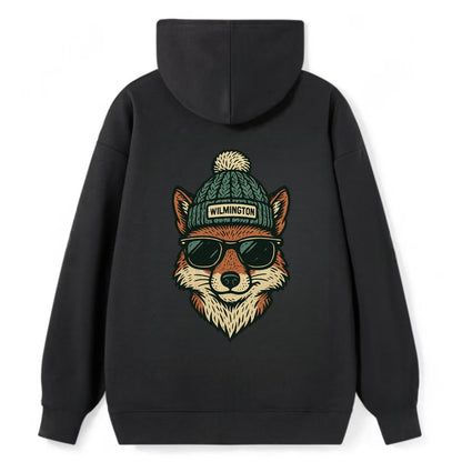 Delaware Gray Fox wearing Wilmington beanie with pom pom and wayfarer - Classic Pullover Hoodie - Black