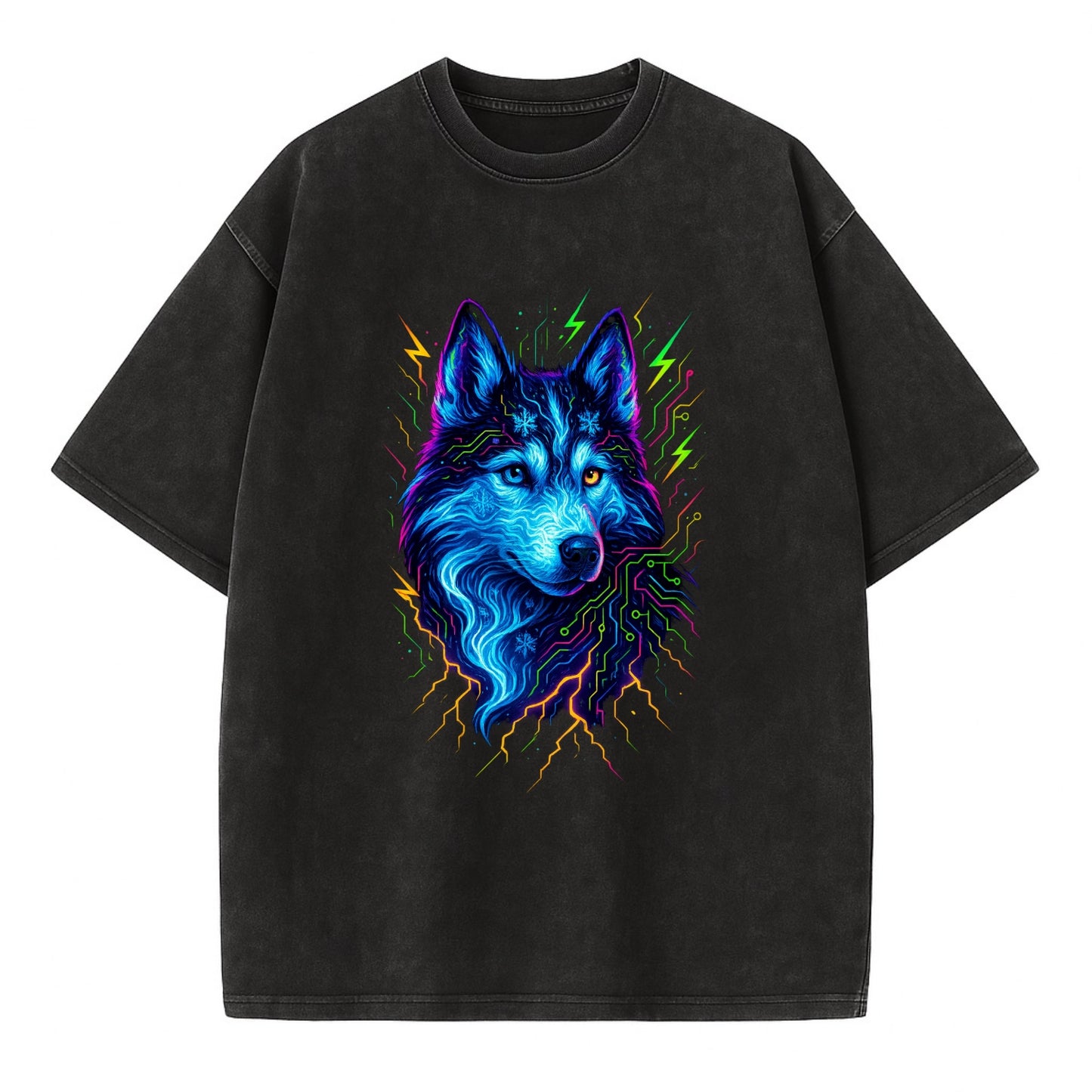 Siberian husky with ice-crystal flowing patterns, electric blue and white swirls, - Vintage T-shirt - Black