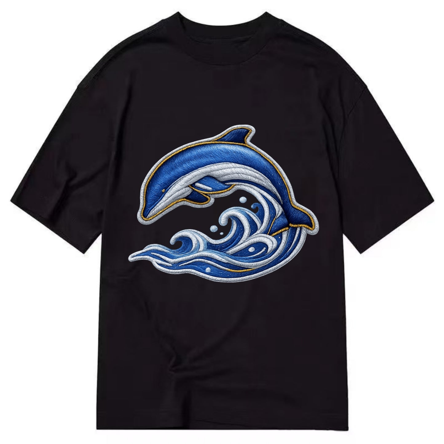Embroidered patch design - SWIMMING DOLPHIN - diving dolphin with waves in blue - Classic T-shirt - Black