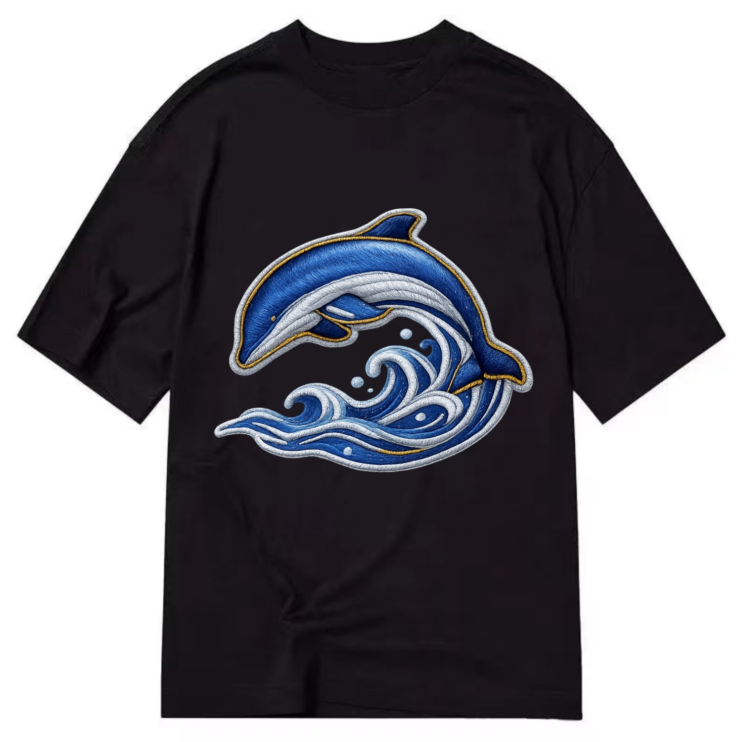 Embroidered patch design - SWIMMING DOLPHIN - diving dolphin with waves in blue - Classic T-shirt - Black