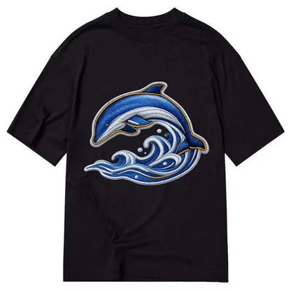 Embroidered patch design - SWIMMING DOLPHIN - diving dolphin with waves in blue - Classic T-shirt - Black