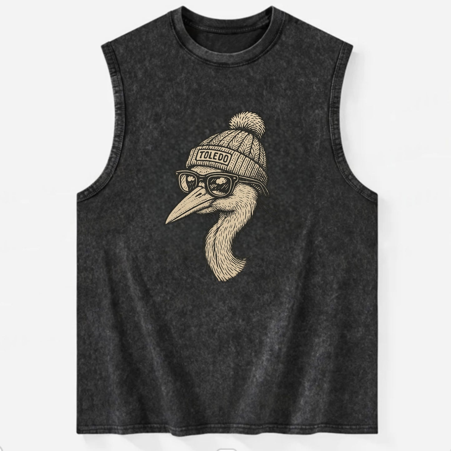 Toledo Great Blue Heron wearing Toledo beanie with pom pom and wayfarer - Vintage Washed Tank - Black