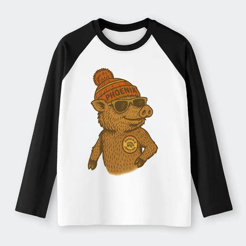 Phoenix Javelina wearing Phoenix beanie with pom pom and wayfarer - Raglan Long Sleeve T-Shirt
