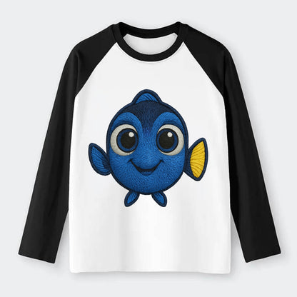 Baby Blue Tang - bright blue with yellow tail, big eyes, front-facing, - Raglan Long Sleeve T-Shirt - Black