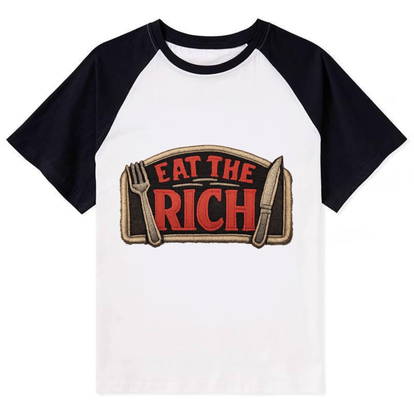 EAT THE RICH - fork and knife with text in red and silver , class war - Contrast Raglan T-shirt - Black