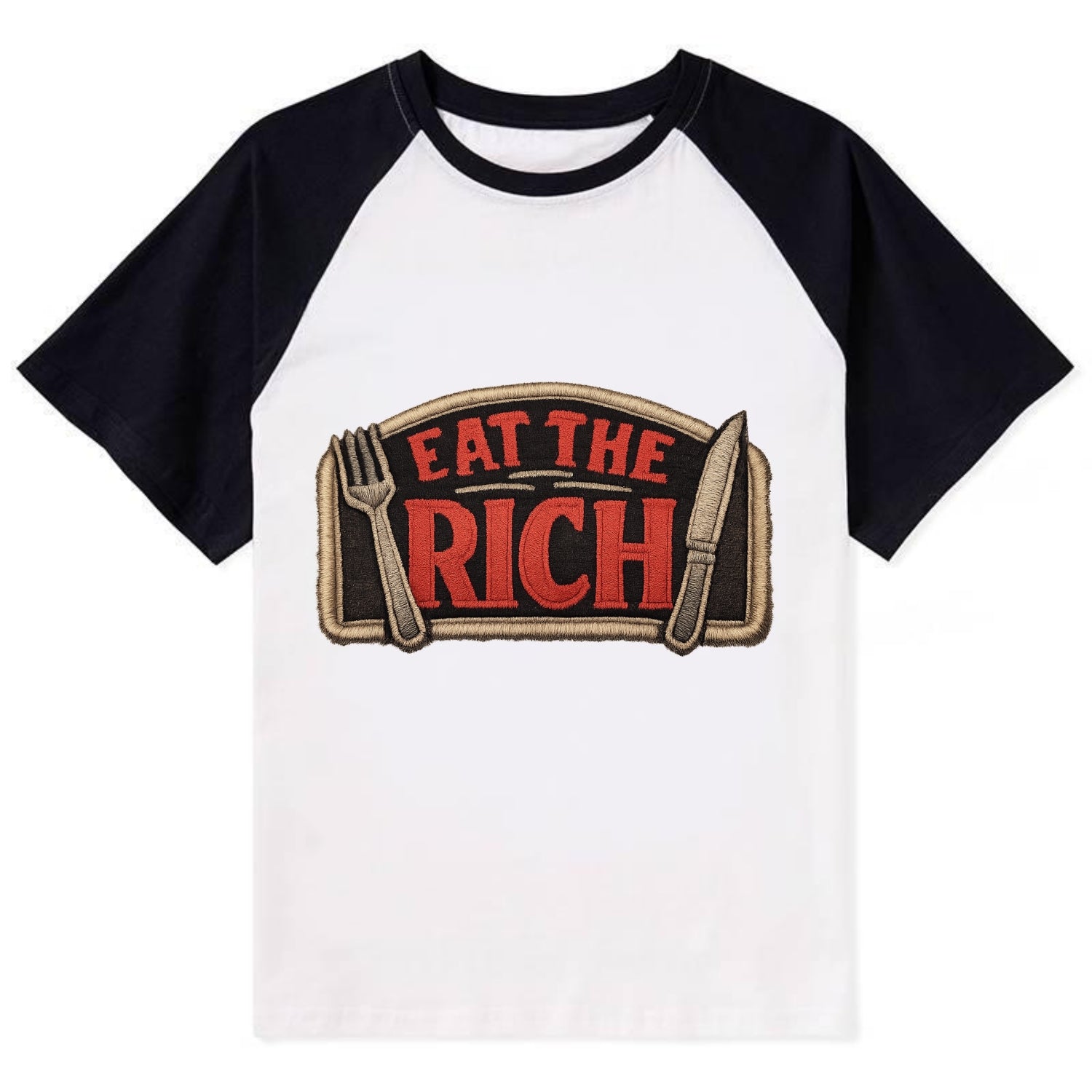 EAT THE RICH - fork and knife with text in red and silver , class war - Contrast Raglan T-shirt - Black