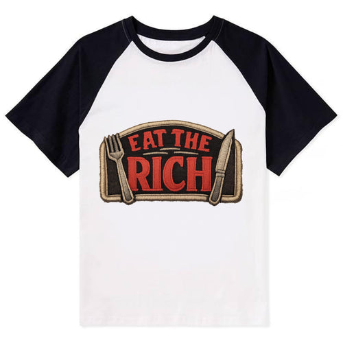 EAT THE RICH - fork and knife with text in red and silver , class war - Contrast Raglan T-shirt