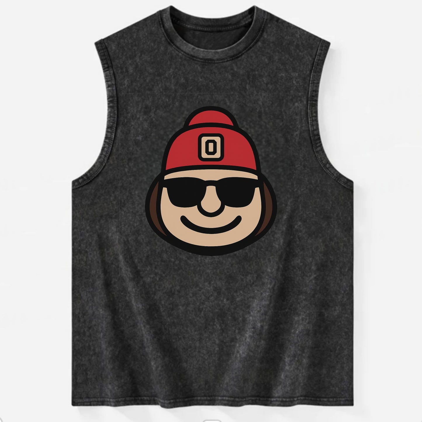 Columbus Brutus wearing Ohio State beanie with Block O patch - Vintage Washed Tank - Black