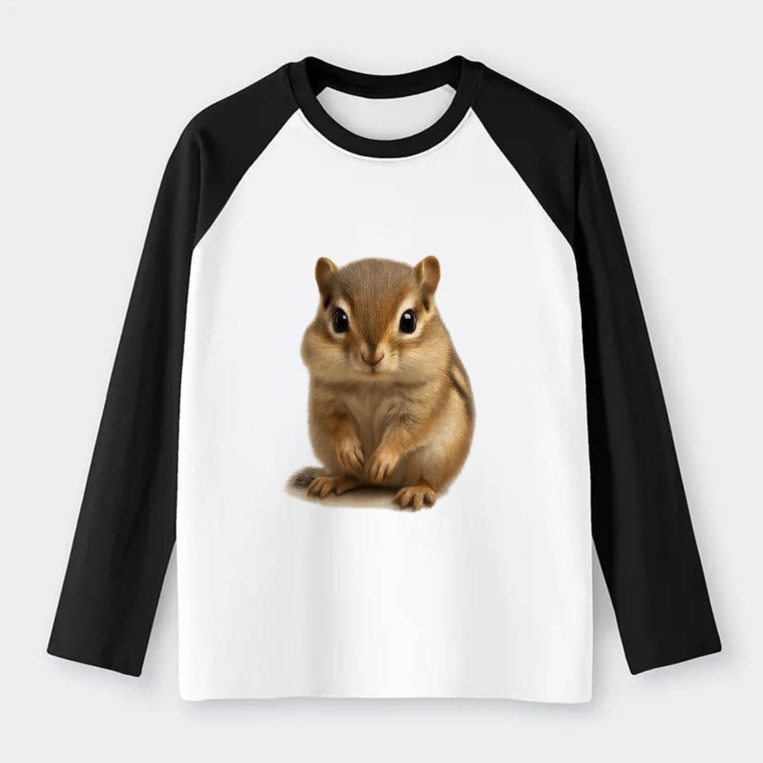 Baby Chipmunk - striped back, cheek pouches, tiny paws, bright eyes, - Raglan Long Sleeve T-Shirt - Black