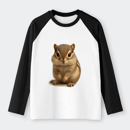 Baby Chipmunk - striped back, cheek pouches, tiny paws, bright eyes, - Raglan Long Sleeve T-Shirt - Black