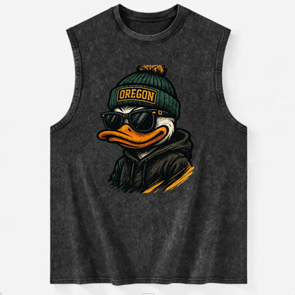 Eugene Duck wearing Oregon beanie with O patch - Vintage Washed Tank - Black